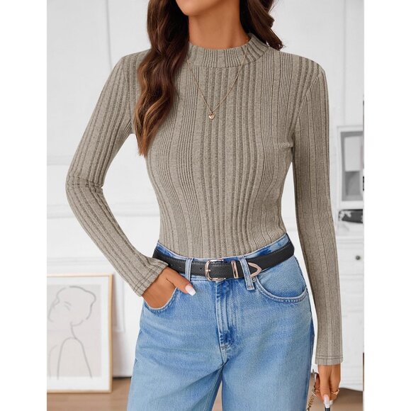 Women's Fleece Sherpa Lined Mock Neck Knit Thermal Long Sleeve Top - Picture 3 of 6